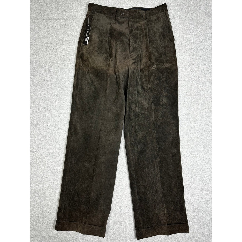 Vintage NWT Bagazio Corduroy Pants 34x32 Brown Pleated Cuffed Dress Trousers